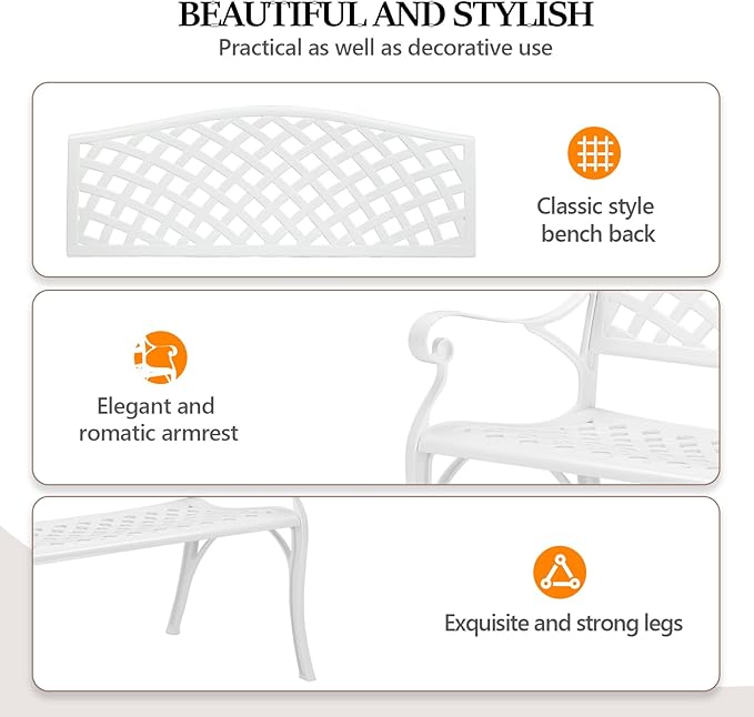VINGLI 40.5" Patio Garden Bench,Anti- Rust Cast Iron Cast Aluminum Frame for Outdoor Path Yard Lawn Work Entryway Decor Deck (White)
