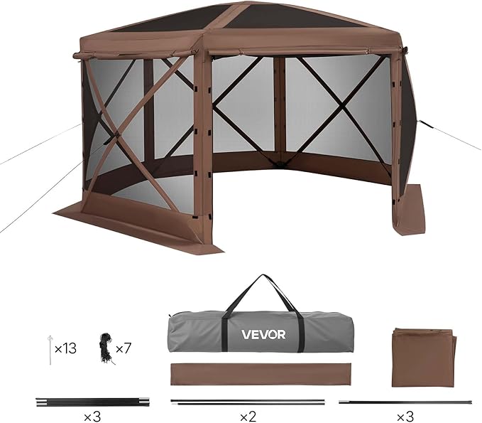 VEVOR Pop up Gazebo Screen Tent, 12 x 12 ft Large 6-Sided Camping Canopy Tent with Removable Top & Carry Bag, Quick-Set & Bite-Proof, Screen House Sun Shelter for 8-10 Persons Backyard Patio, Brown