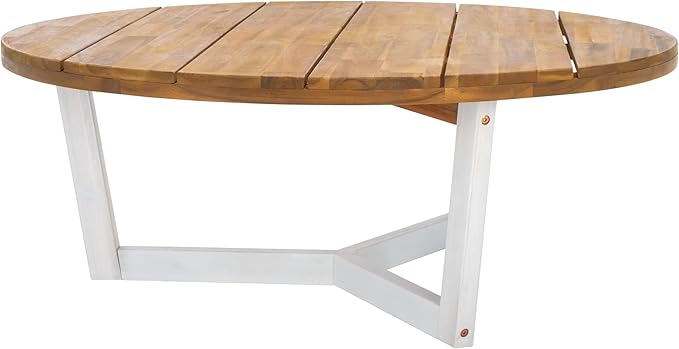 SAFAVIEH Outdoor Collection Leo Natural/White 3-Leg Round Coffee Table, Ideal for Deck, Patio, Backyard, Sunroom