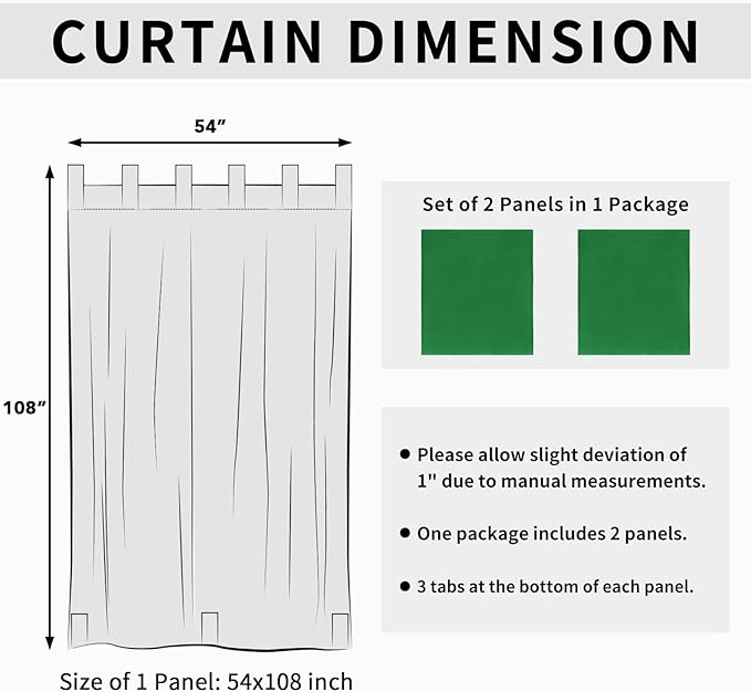 Easy-Going Outdoor Patio Curtains Detachable Tab Top Windproof Weatherproof Curtain for Cabana, Porch, Pergola and Gazebo, Tab Bottom Drape, 2 Panels, 54W x 108L inch, Green