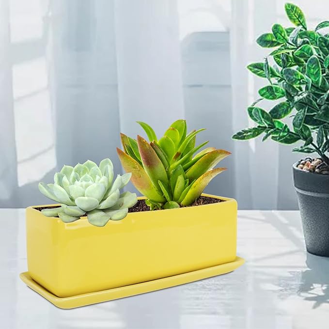Vencer 12 Inch Rectangular Modern Minimalist Ceramic Succulent Planter Pot - Window Box with Saucer,Office Desktop Potted Stand,Yellow,VF-0135Y