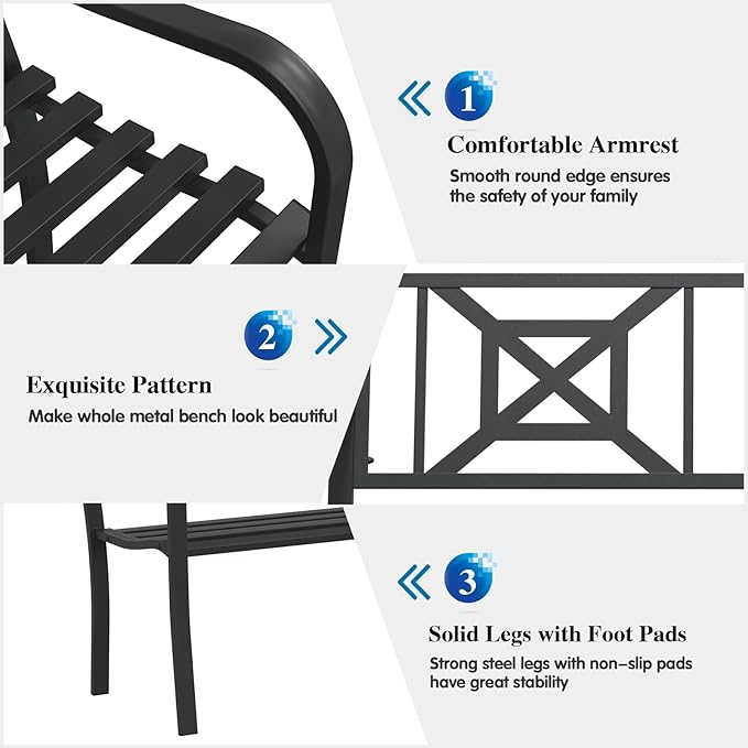 On Shine Patio Garden Bench,Outdoor Park Bench with Powder Coated Steel Frame, Elegant Loveseat with Square Pattern Backrest & Ergonomic Armrest for Outdoor Garden, Backyard, Lawn, Porch