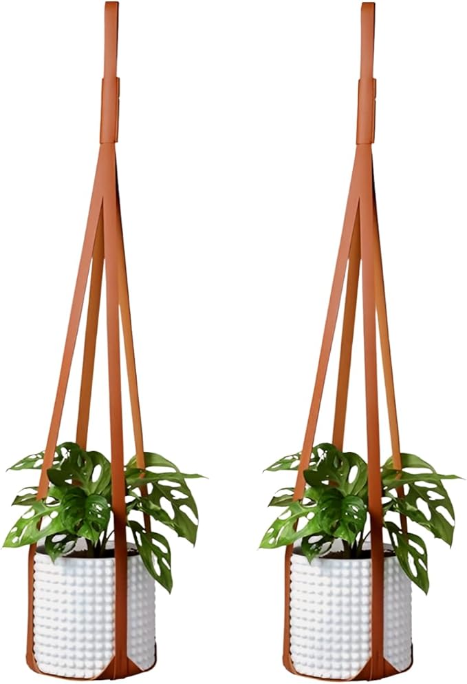 Plant Hangers PU Leather 2Pcs, Hanging Planters for Indoor and Outdoor for Wall Decor, Modern Minimalist Home Decoration for Plants Lovers Leather Rope (Plant and Pot Not Included) (Brown)