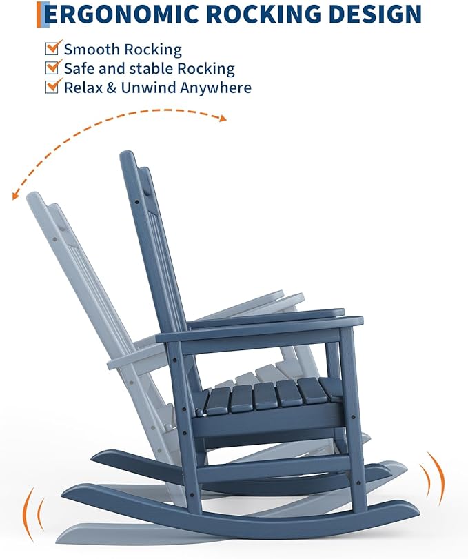 GarveeLife Poly Lumber Rocking Chair Outdoor Set of 4 with 2 Side Table - HDPE High Back Porch Rocker Chairs for Adults - All Weather Resistant Furniture for Patio - Navy Blue