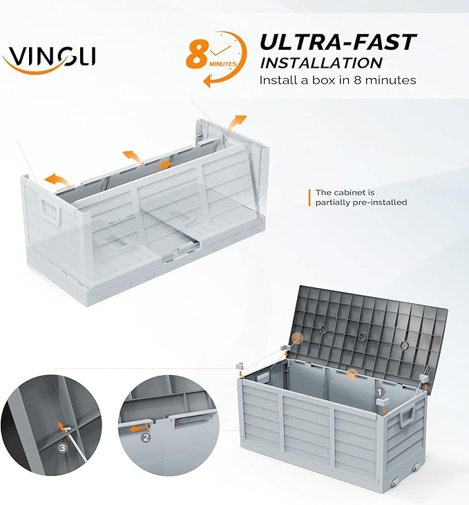 VINGLI 75 Gallon Collapsible Outdoor Storage Box, Simple-to-assemble Plastic Storage Containers with Lid, Patio Deck Box Furniture for Garden, Pool, Balcony, Yard (Grey)