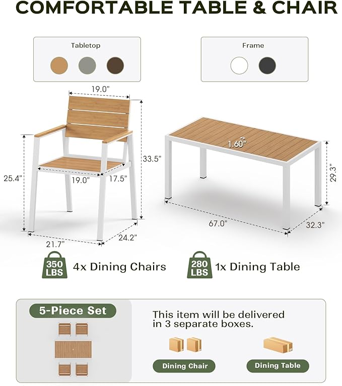 5-Piece Outdoor Dining Set, Aluminum Dining Table Set for 4, Patio Table and Chairs Set with Umbrella Hole, All Weather HDPS Outdoor Table and Chairs for 4 (White-Teak)
