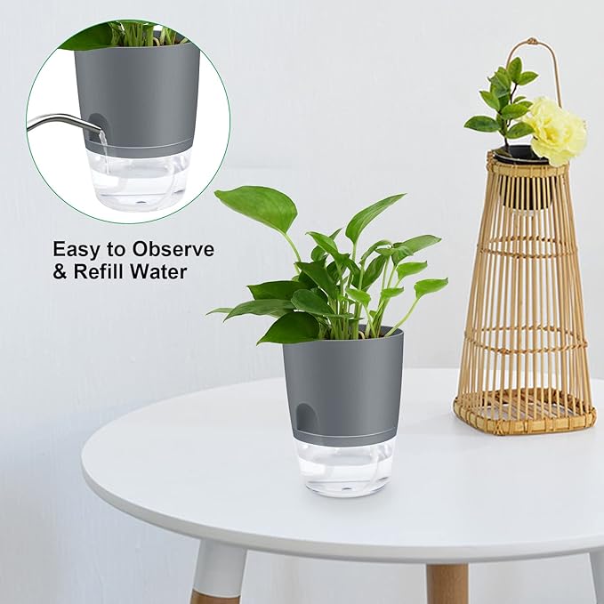 ShineMe Self Watering Flower Pots, 4.1 Inch Self Watering Planters for Indoor Plants, 6 Pack Plastic Plant Pots for African Violets, Herbs, Aloe, Peace Lily with Absorbent Cotton Rope (Gray)