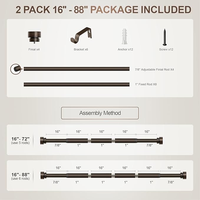 2 Pack Modern Antique Brown Bronze Curtain Rods for Windows 48 to 88 Inches Adjustable Heavy Duty 1" Diameter Window Rod with Decorative Finials for Outdoor Farmhouse Bedroom Kitchen Living Room