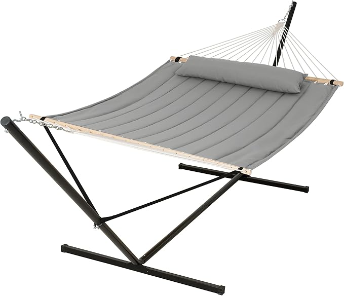 SUNCREAT Double Hammock with 15 ft Stand, Outdoor Hammock with Stand, Balance Straps, Light Gray
