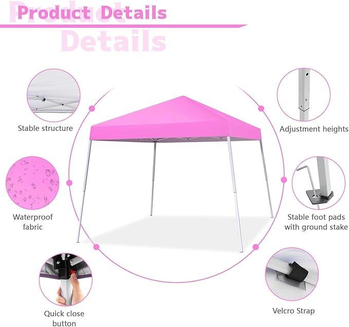 Canopy Tent, 10X10 FT Pop Up Canopy Outdoor Instant Tent Slant Legs with Carrying Bag, Portable Gazebo Shelter for Patio Deck Garden and Beach - 8X8 FT Canopy Cover (Pink)