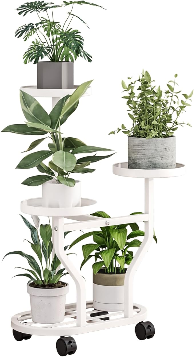 Plant Stand with Wheels 3 Tier Metal Plant Holder Corner Flower Shelf for Multiple Plants Display Rack for Bedroom Living Room Balcony Garden White (White, 3 Tier)