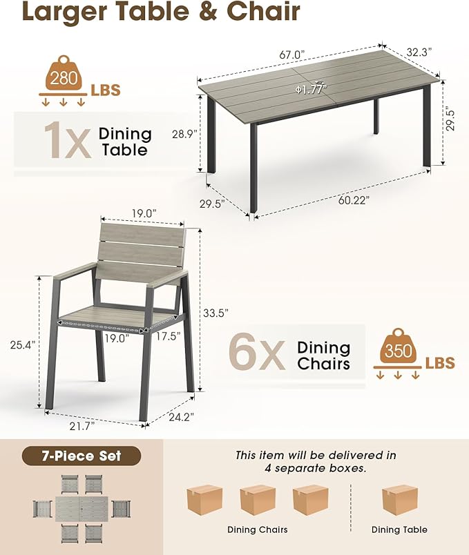 Outdoor Patio Dining Set for 6, Aluminum 7 Piece HDPS Patio Table and Chairs Set with Umbrella Hole, Modren Patio Furniture Set, Patio Dining Table and 6 Chairs (Classic Gray)