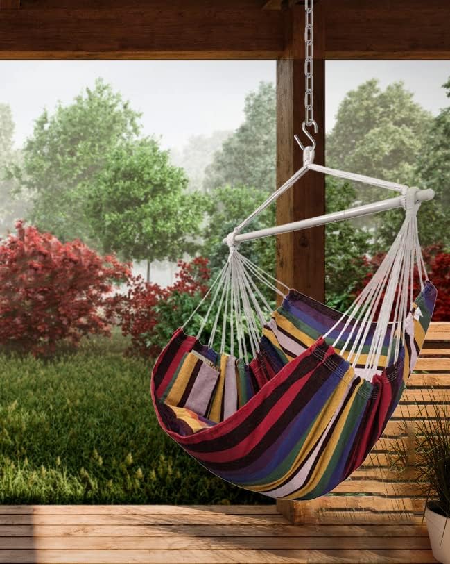 XXL Hammock Chair Hanging Rope Swing with 2 Cushions - Max 500lbs-Perfect for Patio, Porch, Bedroom, Backyard, Indoor or Outdoor - Includes Hanging Hardware Kits Rainbow