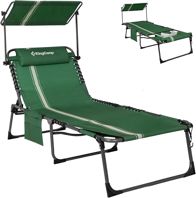 KingCamp Tanning Chair with Face Hole, Lounge Chairs Outdoor Folding Comfy Adjustable 5-Position Foldable Chaise Chaser with Canopy Shade for Outside Beach Patio Sun Bathing Pool, Green/White