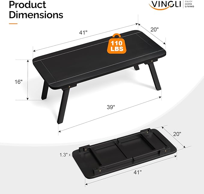 VINGLI Outdoor Folding Coffee Table, Natural Poplar Wood Patio Coffee Table, No Assembly Required, Ideal for Balcony, Porch, and Living Room, Oval, Black