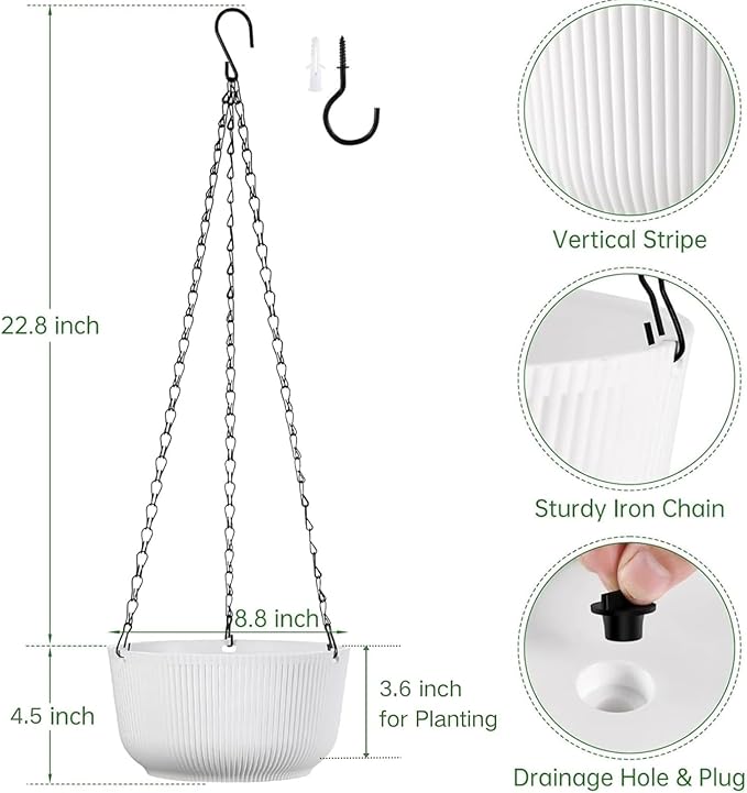 8.8 Inch Hanging Planters for Outdoor Indoor Plants, Set of 2 Self-Watering Hanging Pots with Drainage Hole & Plug II Screw-in Hooks II Non-deforming