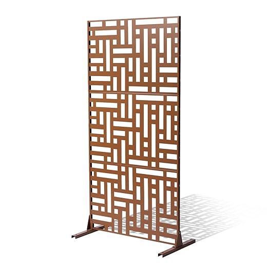 VEVOR Metal Privacy Screen, 47" W x 76" H, Outdoor Privacy Screens 3-Panel, Freestanding Outdoor Divider with Stand, Decorative Garden Steel Privacy Fence for Balcony Patio Indoor Room Hot Tub Brown