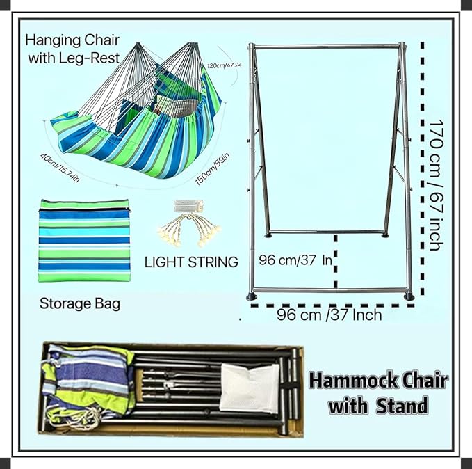 Hammock Chair Stand with X-Large Swing Chair with Footrest，Anti-Tip Thickened Weather-Resistant Iron Pipe Swing Frame, 450Lbs Stand Capacity Quick Assembly for Indoor Outdoor (Green Stripe)
