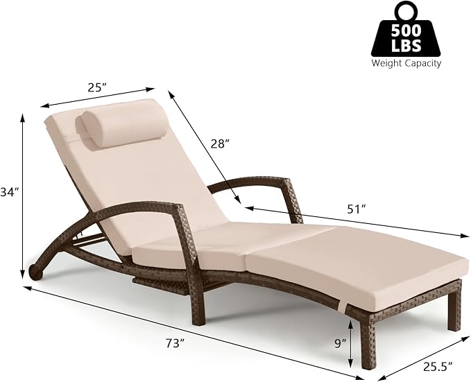 Chaise Lounge Chairs Outdoor Set of 2, Comfy Outside Wicker Patio Pool Lounge Chair w/ 5 Adjustable Back Angle, Cup Holder, Thicken Cushion