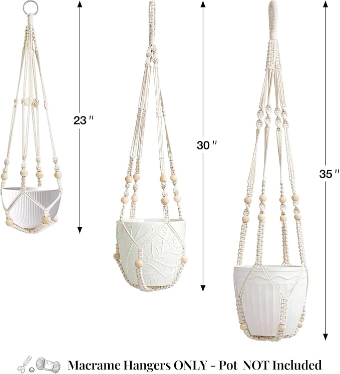 3 Pack Macrame Plant Hanger Indoor 3 Different Sizes Hanging Planter Basket Flower Pot Holder with Wood Beads & No Tassels for Boho Home Decor, 23, 30, 35 Inch, Ivory (Pot Not Included)