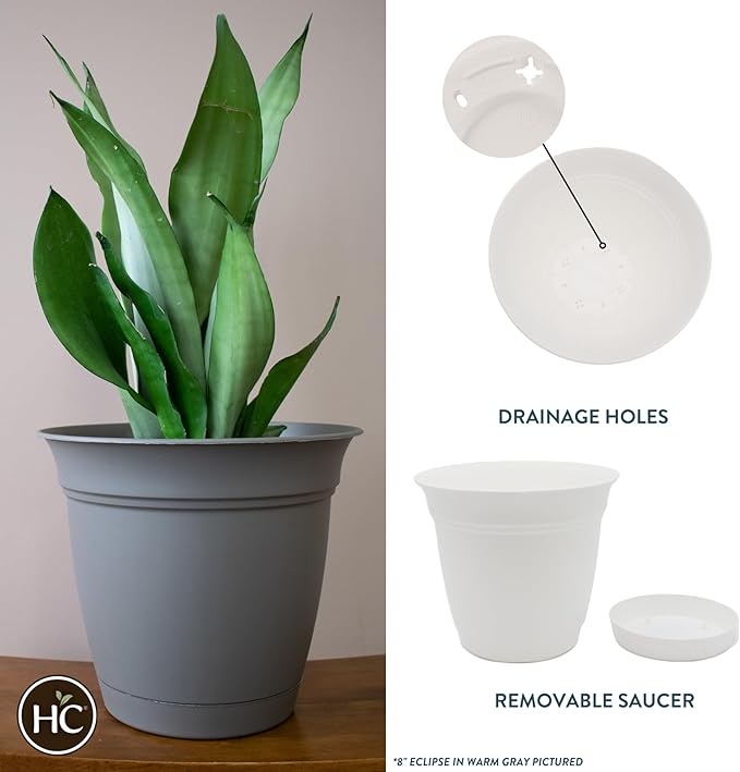 The HC Companies 8 Inch Eclipse Round Planter Pots with Drainage Holes & Attached Saucer, Lightweight UV-Resistant Plastic Indoor & Outdoor Planters, 6-Pack Flower Pots for Garden & Home Decor, White
