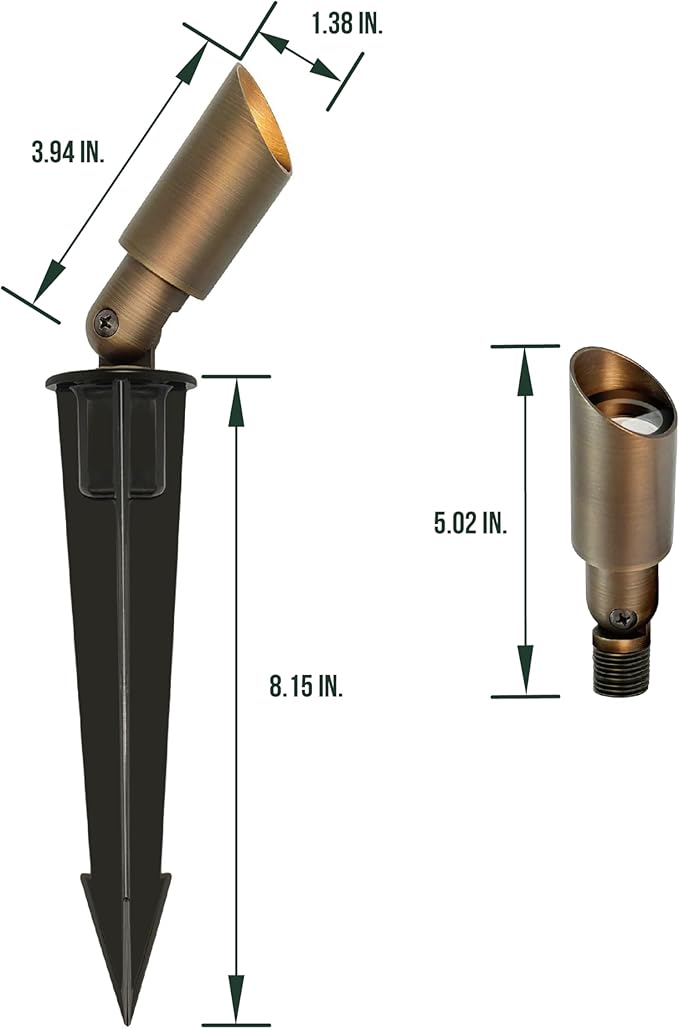 GKOLED Mini Size Brass Landscape Spotlight, Low Voltage 12V AC/DC Outdoor Directional Up Light, 180 LM, 3W MR8 LED Bulb ABS Ground Stake, 2700K Garden Patio Trees Spot Uplight (Pack of 10)