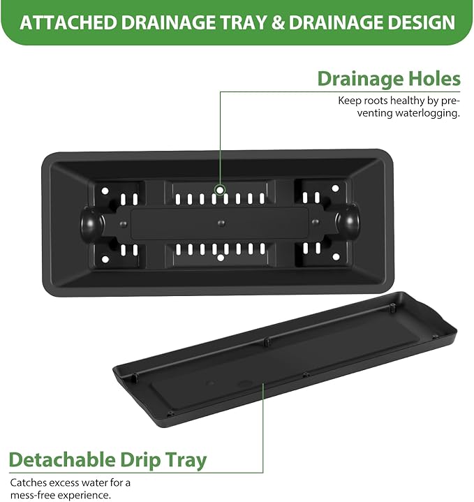 OYEAL 4 Pack Railing Planter Box Outdoor Hanging Balcony Planters 17 Inch Window Boxes Planter with Adjustable Brackets Plastic Flower Pots for Garden Deck Porch Railing Balcony Fence, Black & White