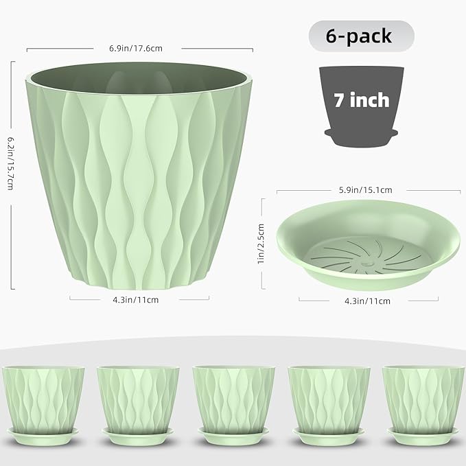 6 Pack 7 Inch Indoor Plant Pots with Drainage Holes, Outdoor Plastic Decorative Flower Pots, Garden Planters with Tray Saucers for Orchids, Violets, Succulents, Herbs, and Other Plants