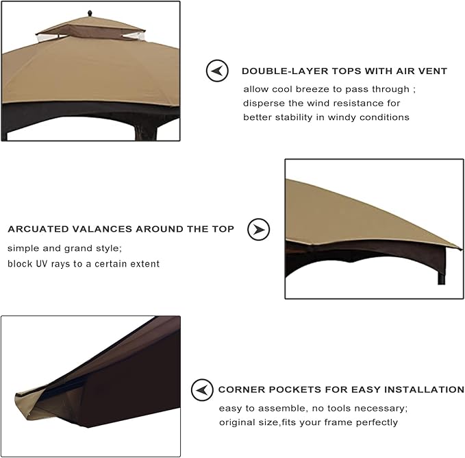 Eurmax USA High Performance Replacement Canopy Top for Lowe's Allen Roth Heavy Duty Gazebo Roof Gazebo Top with Air Vent 10X12 Cover #GF-12S004B-1, Replacement Top Only (Khaki)