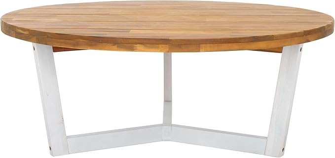 SAFAVIEH Outdoor Collection Leo Natural/White 3-Leg Round Coffee Table, Ideal for Deck, Patio, Backyard, Sunroom