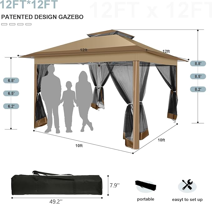 COBIZI 12x12 Pop up Gazebo on Clearance Canopy Tent, carpas para Patio, Outdoor Canopy with Portable Carrying Bag for Vendor, Outdoor Patio Gazebo for Garden, Backyard,Beach, Brown