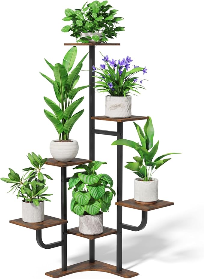 Corner Plant Stand Indoor - 6 Tiered Indoor Plant Stand Square Metal Plant Shelf, Plant Organizer for Living Room, Graden, Balcony, Home Decor (Brown)