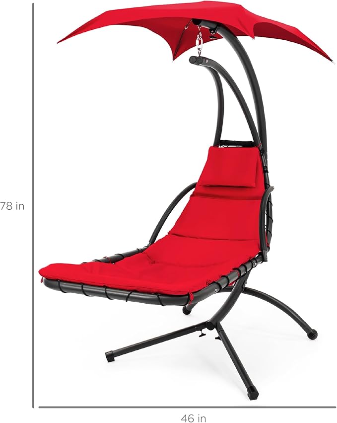 Best Choice Products Outdoor Hanging Curved Steel Chaise Lounge Chair Swing w/Built-in Pillow and Removable Canopy - Red