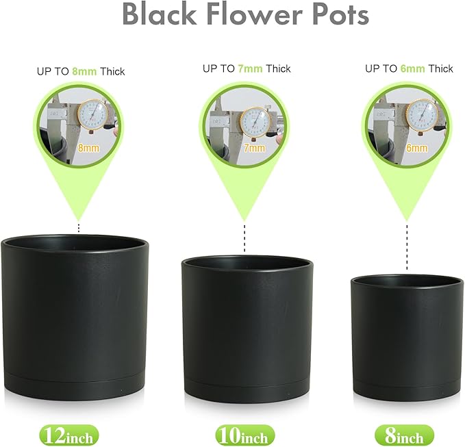 12/10/8 inch Large Deep Plant Pots, 3 Pack Tall Cylinder Flower Pots for Outdoor Indoor Plants, Plastic Planters with Drainage Holes and Saucers for Garden Porch House Plants, Black
