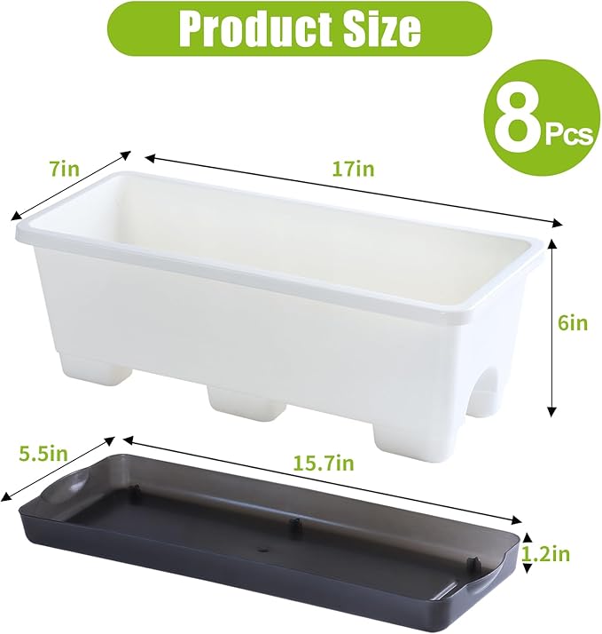 Window Box Planter 8 Pcs, 17 Inches Rectangle Flower Pots with Drainage Holes & Trays, Vegetable Planters for Windowsill Patio Garden Balcony Home Indoor Outdoor (White, 16 * 7 * 6 inch)