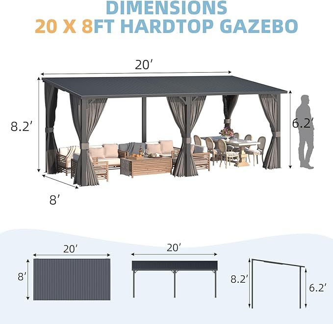 AECOJOY 20'x8' Outdoor Hardtop Metal Gazebo with Curtains and Netting for Patio, Large 8x20 Lean to Heavy Duty Wall Mounted Pergolas and Grill Gazebos Clearance, Patio Steel Roof Awnings for Decks