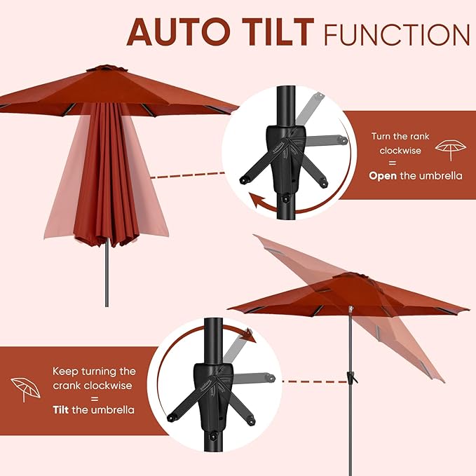 Tempera Patio Market Outdoor Table Umbrella with Auto Tilt and Crank, Large Sun Umbrella with Sturdy Pole & Fade Resistant Canopy, Easy to Set