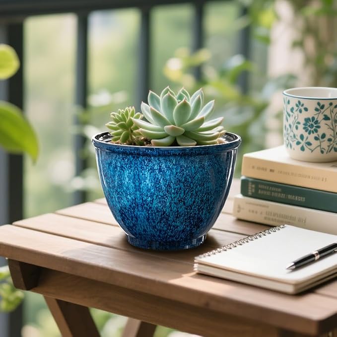 Plant Pots, Set of 4 Plastic Planters with Drainage Hole, 8 Inch Glaze Plastic Flower Pots for Plants, Nursery Planting Pot, Planter for Indoor Outdoor Home Decorative(Blue)