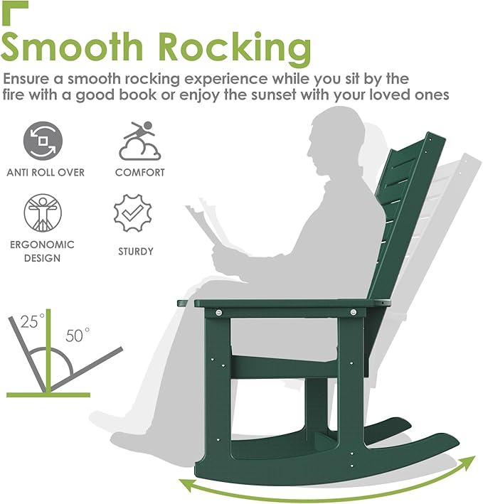 GREENVINES Outdoor Rocking Chair Set | 3-Piece | 2 Rocking Chairs with 1 Side Table | Porch Rocker | HDPE Plastic | Forest | Patio Furniture Sets | High Back | Big & Tall | Ladder Back