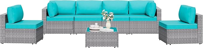 Shintenchi 7 Pieces Outdoor Patio Furniture Sets, Patio Sectional Sofa Couch, Silver Gray PE Wicker Furniture Modular Patio Conversation Sets Patio Sofa with Washable Cushions & Coffee Table (Blue)