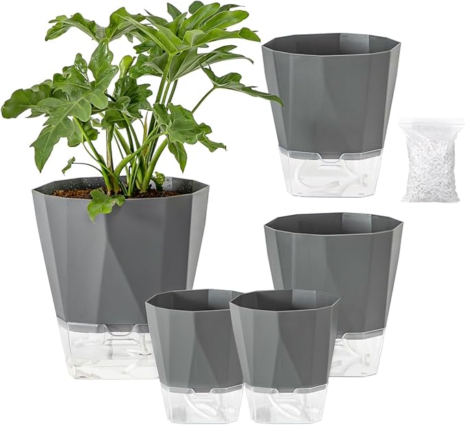 5 Pack Self Watering Pots for Indoor Plants, 5/6.7/8.4 in Self Watering Planters African Violet Self Watering Clear Pots for Plants Herb Orchid Flower Houseplant Pots, Dark Grey