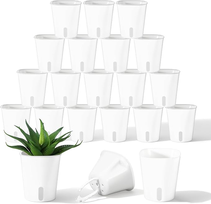 20 Pcs 3 Inch Self Watering Pots for Indoor Plants, White Plastic Self Watering Planters with Wicking Rope Visual Water Level & Vent Holes for Succulents, Flowers Indoor Outdoor