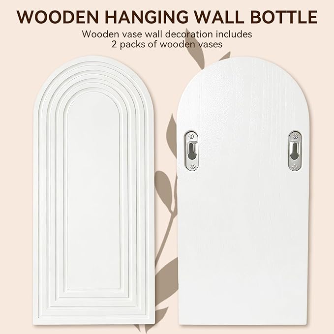 2 Pack Wooden Wall Vase Set, Boho Hanging Planter for Indoor Plants & Flowers, Wood Wall-Mounted Planters for Living Room, Modern Farmhouse Entryway or Bathroom, Rustic Art for Home (White)
