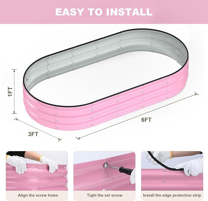 Raised Garden Bed, 6x3x1ft Galvanized Outdoor Planter Beds with Safety Edging and Gloves, Oval Metal Planter Box for Gardening Vegetables Flowers Herb-Blossom Pink