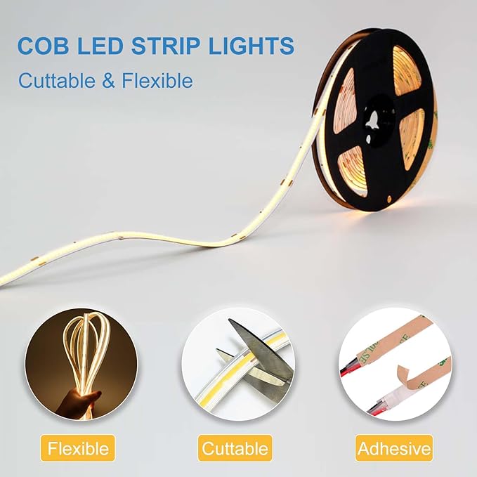 COB LED Strip Lights Waterproof IP67 DC24v Daylight White 6000K 16.4ft/5m High CRI 92Ra+ Outdoor LED Tape Lighting DIY Cuttable for Bedroom Kitchen Cabinet Shelf (Power Supply Not Included)