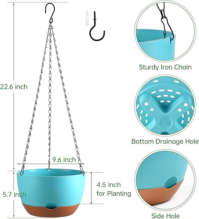 Hanging Planters for Indoor Plants, Set of 2 8/10 Inch Self-Watering Hanging Pots with Drainage Hole & Removable Water-Storage Tray II Screw-in Hooks