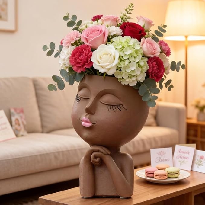 Face Flower Pot Head Planter, Girl Heads Flowerpot, Lady Faces Plant Pot, Female Bust Statue Succulent Pots with Drainage Hole for Indoor Outdoor Plants, Modern Human Art Vase(7" Brown)