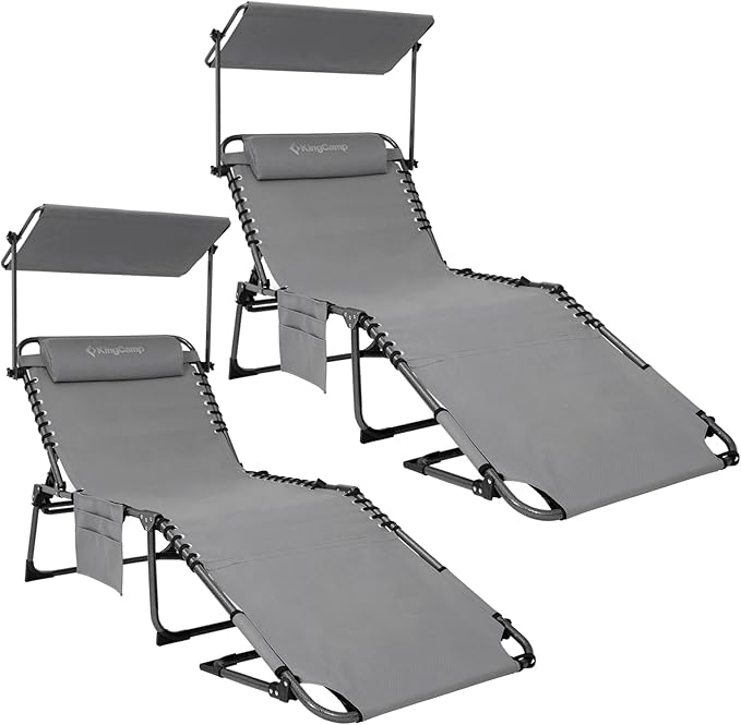 KingCamp 2 Pack Tanning Chair with Face Hole, Lounge Chairs Outdoor Folding Comfy Adjustable 5-Position Foldable Chaise Chaser with Canopy Shade for Outside Beach Patio, Grey