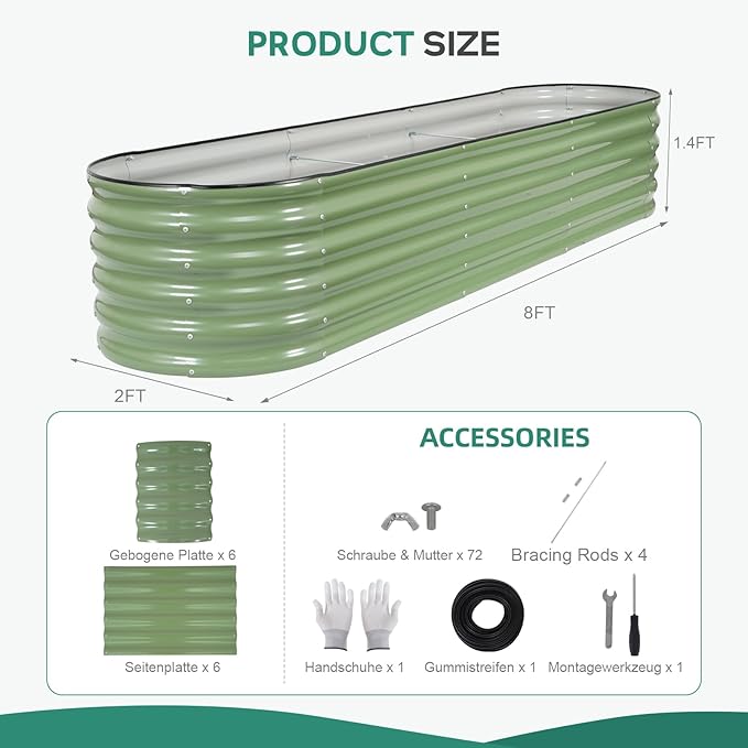 Galvanized Raised Garden Bed - 8×2×1.4ft Planter Raised Beds for Gardening | Oval Metal Garden Planter Box with Safety Edging and Gloves for Vegetables Fruits and Flower OliveGreen