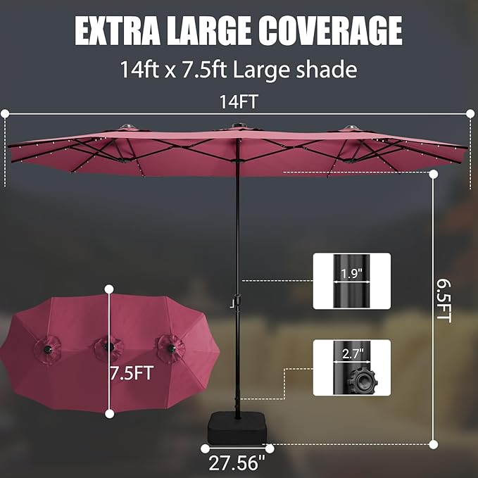 LEVELEVE 14FT Double-Sided Patio Umbrella with Base Included, Large Outdoor Rectangular Market Umbrella for Backyard, Poolside, Lawn & Garden,Red